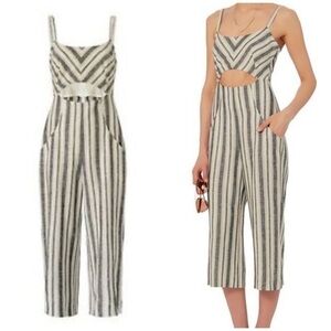 New Intermix Christy Cut Out Stripped Culotte Jumpsuit Linen Grey White Size S